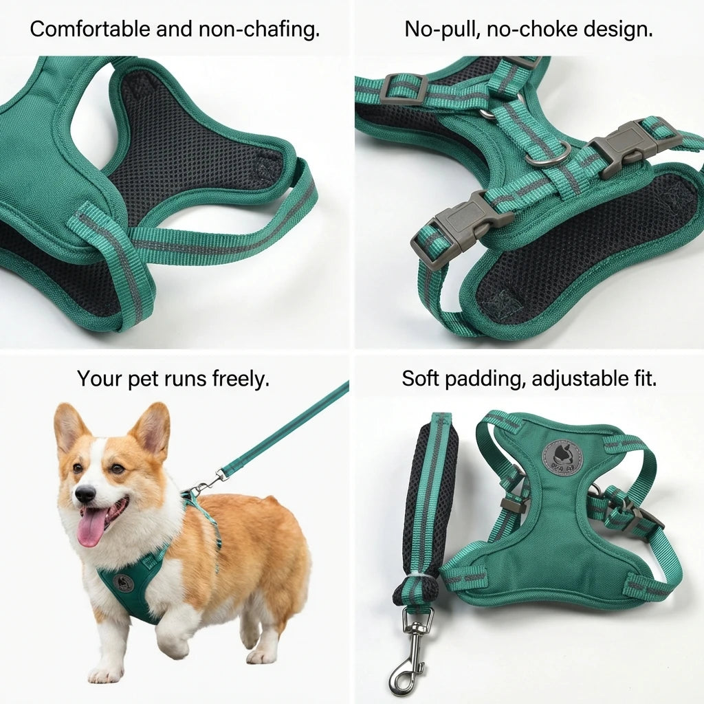Breathable Mesh Dog Harness Kit with Floral Print, Adjustable Vest for Walking Training - Reflective Strips