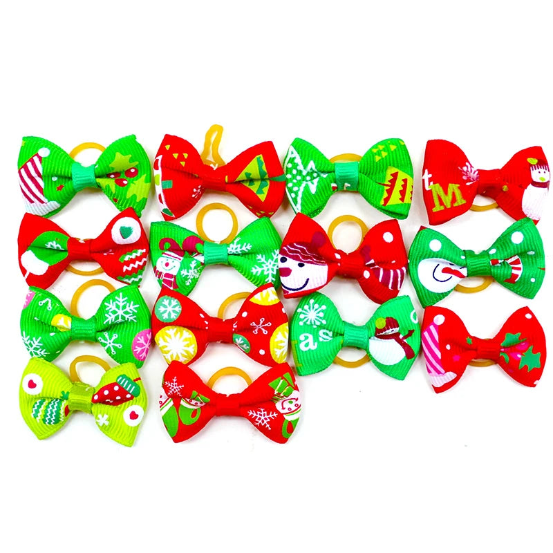 Santa Snowman Printed Red & Green Dog Hair Bows with Rubber Band for Summer Winter Spring Holidays Christmas Accessories
