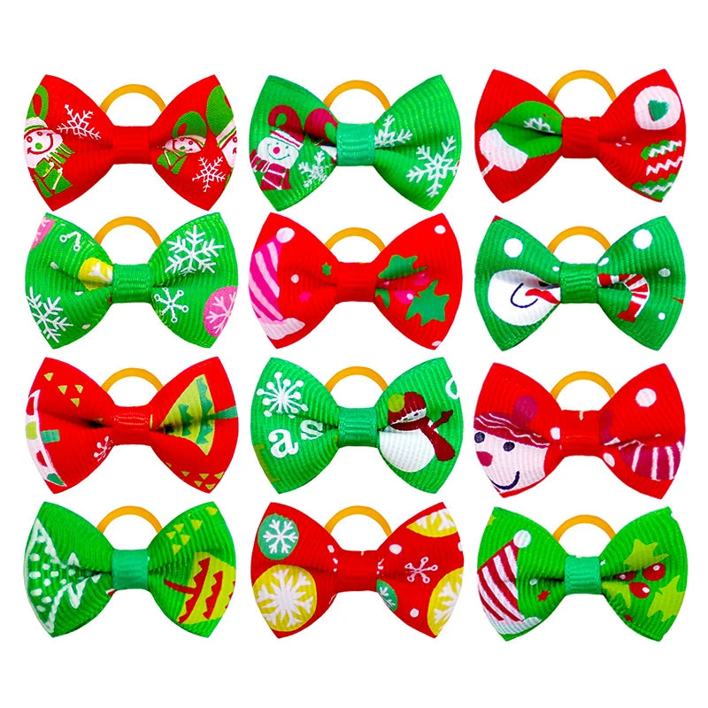 Santa Snowman Printed Red & Green Dog Hair Bows with Rubber Band for Summer Winter Spring Holidays Christmas Accessories