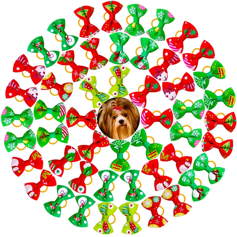 Santa Snowman Printed Red & Green Dog Hair Bows with Rubber Band for Summer Winter Spring Holidays Christmas Accessories
