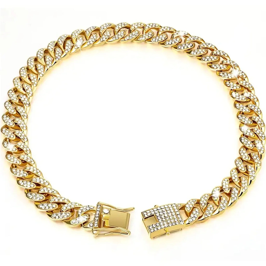 Luxury Bling Artificial Diamond Metal Chain Heavy Pitbull Bulldog Cuban Chain Collar Dog Collars Dog Cuban Link