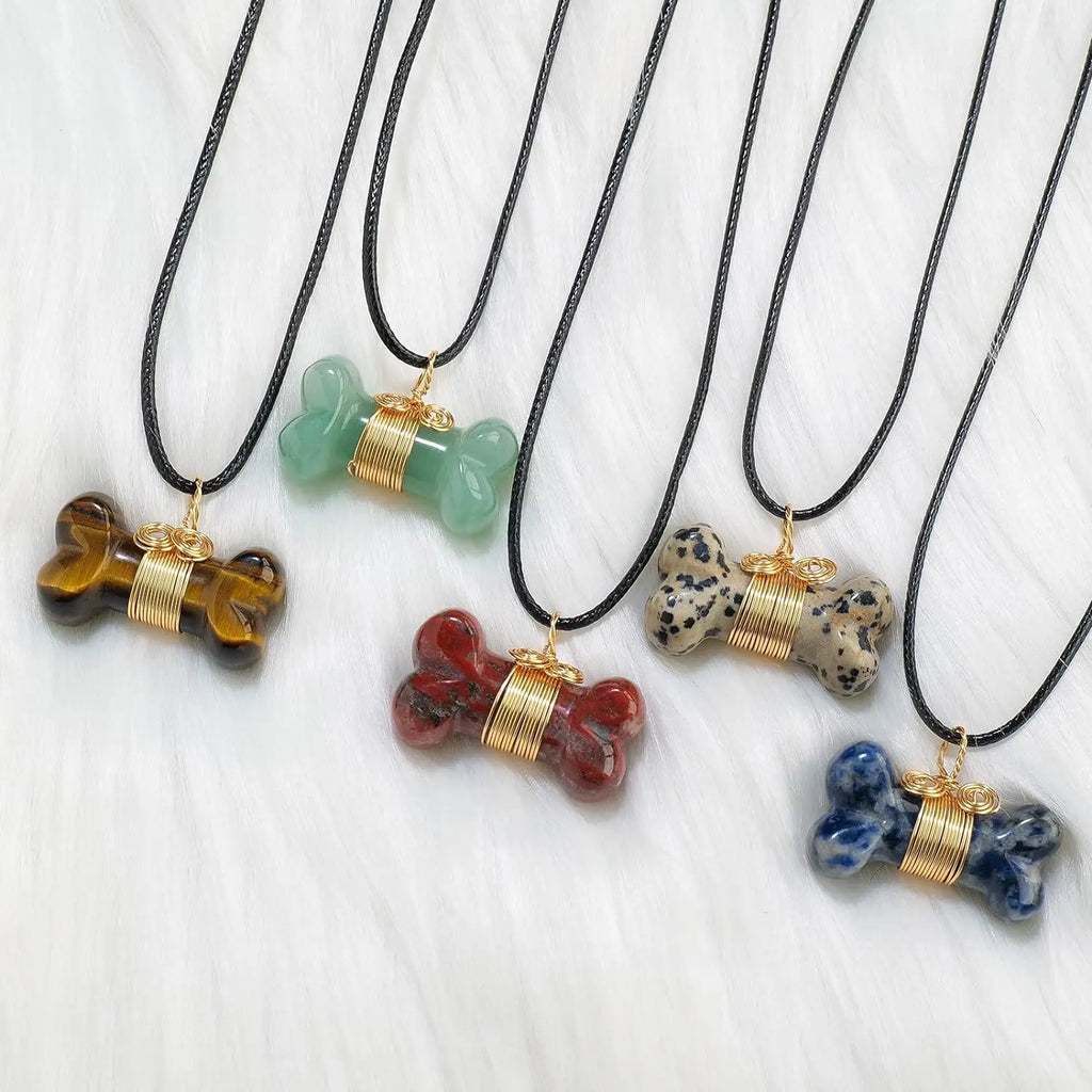 Factory Price Obsidian Stone Dog Bone Unakite Pendant Handmade Carved Crystal Bone Healing Crystal Wire Wrapped Necklace Charm