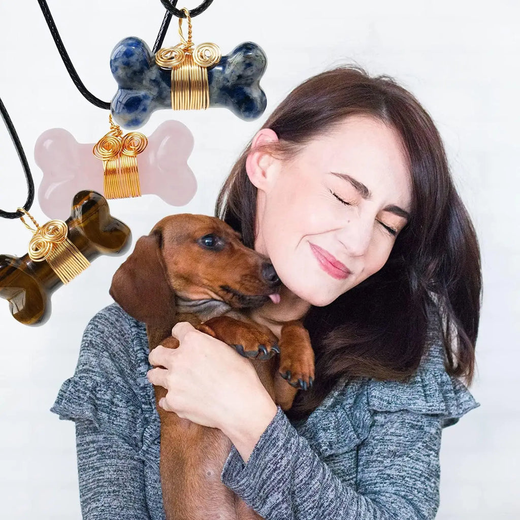 Factory Price Obsidian Stone Dog Bone Unakite Pendant Handmade Carved Crystal Bone Healing Crystal Wire Wrapped Necklace Charm
