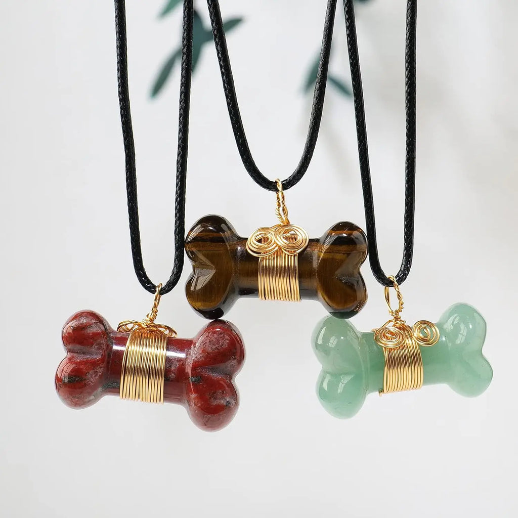 Factory Price Obsidian Stone Dog Bone Unakite Pendant Handmade Carved Crystal Bone Healing Crystal Wire Wrapped Necklace Charm