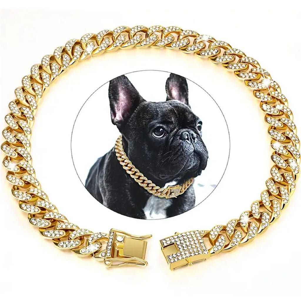 Luxury Bling Artificial Diamond Metal Chain Heavy Pitbull Bulldog Cuban Chain Collar Dog Collars Dog Cuban Link