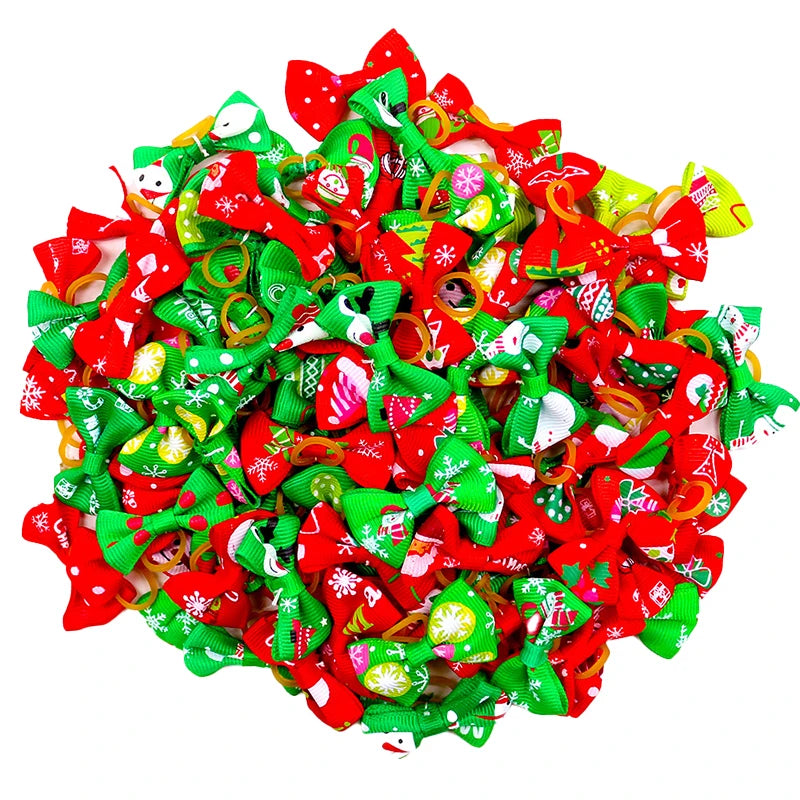 Santa Snowman Printed Red & Green Dog Hair Bows with Rubber Band for Summer Winter Spring Holidays Christmas Accessories