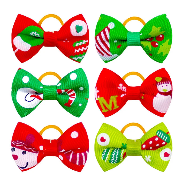 Santa Snowman Printed Red & Green Dog Hair Bows with Rubber Band for Summer Winter Spring Holidays Christmas Accessories