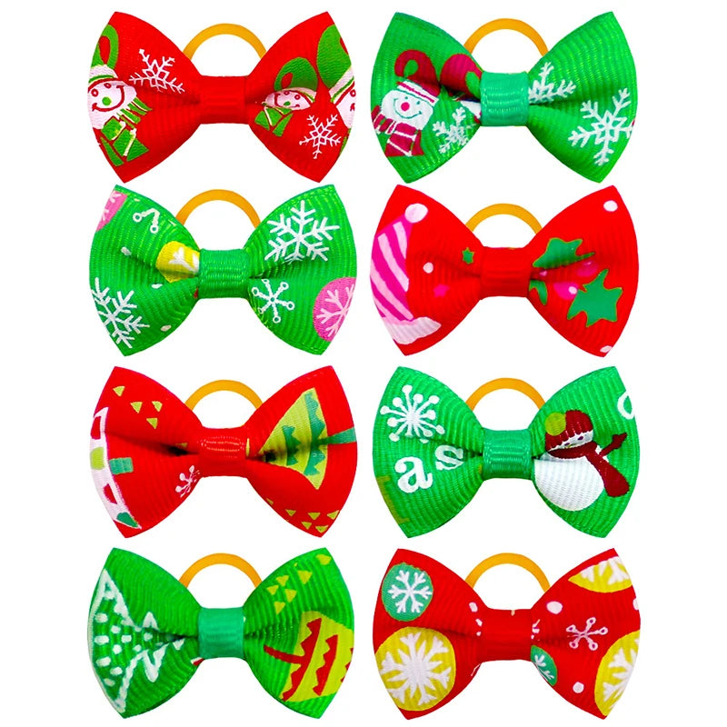 Santa Snowman Printed Red & Green Dog Hair Bows with Rubber Band for Summer Winter Spring Holidays Christmas Accessories