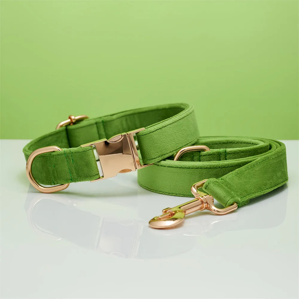 Wholesale Luxury Velvet Dog Collar Leash Set Solid Color with Cartoon Style Heavy Duty Metal Buckle Adjustable All Seasons